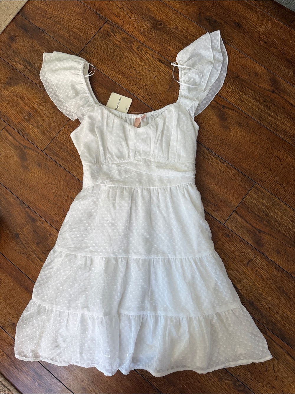 White Swiss Dot Tiered Midi Dress with Flutter Sleeves